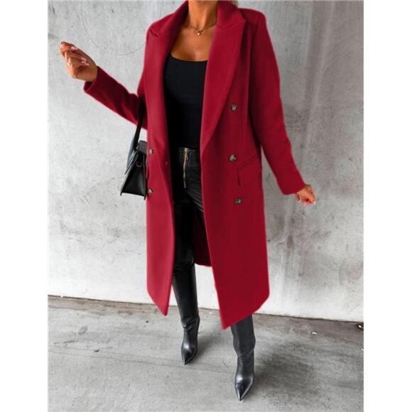 Womens Long Wool Coat Double Breasted Trench Coat Wine Red - Picture 3 of 4